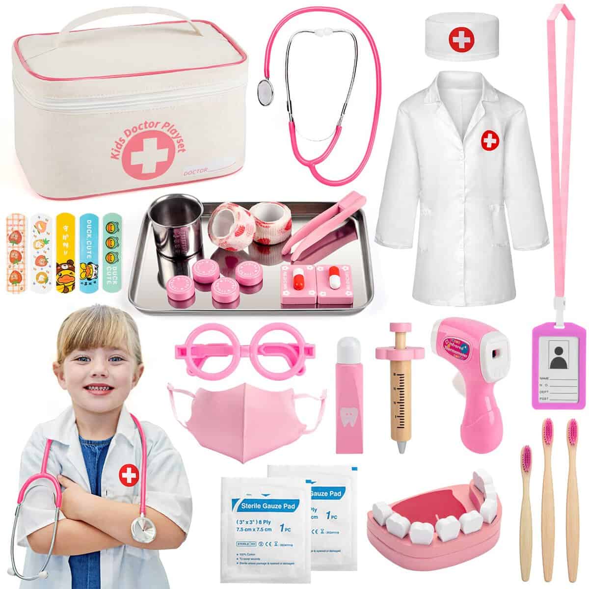 Sundaymot Mallette Docteur Enfant Jouet - 32Pièces Kit du Docteur Médicale Jouet avec Stéthoscope, Jeu d'imitation Cadeau pour Fille Garçon Enfant 3 4 5 6 7 Ans, Rose