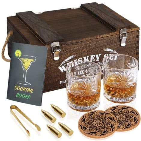 Ensemble cadeau de whisky Pierre, Coffret en bois raffiné, 2 verres, 4 pierres de refroidissement, accessoires inclus, idéal pour hommes/papas.