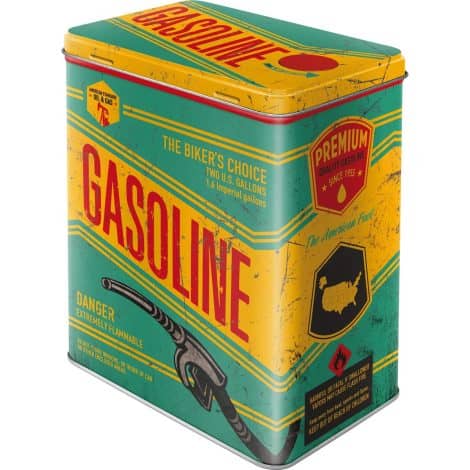 Boîte rétro L Gasoline – Idée cadeau pour fans voitures et motos, grande boîte café vintage métallique 3L.