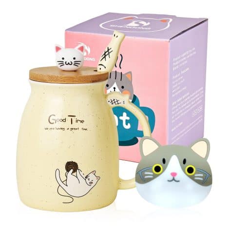 Tasse Chat Kawaii – Tasse à café en céramique mignonne avec couvercle et cuillère en bois, idéale pour les amateurs de chats. (Jaune)