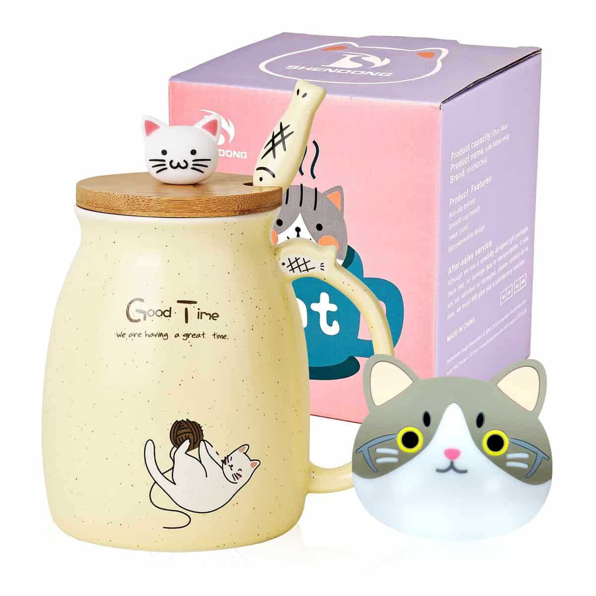 Chat Tasse Jolie tasse à café en céramique avec couvercle et cuillère en bois chat kawaii Nouveauté Morning Cup Tasses à thé au lait au café Tasses de chat pour les amoureux des chats Femmes (Jaune)