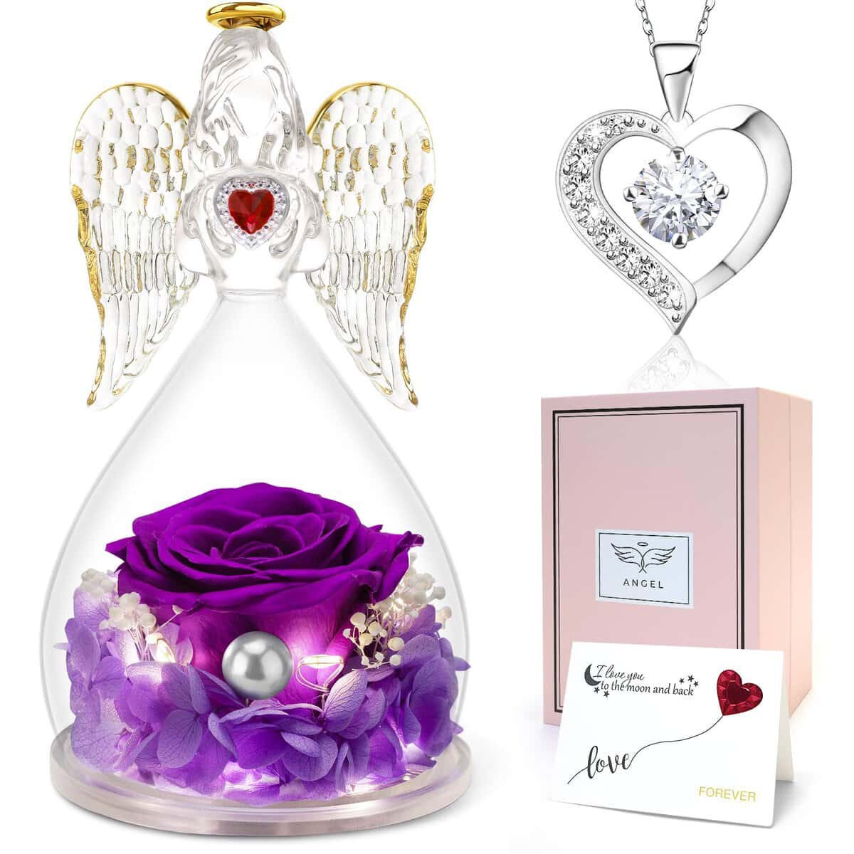 Sunia Cadeau Fete des Meres, Rose Éternelle avec Collier en Forme de Coeur, Ange Figurines en Verre avec Lumières LED, Idée Cadeau Femme, Cadeau Maman Noël, Saint Valentin Forever Rose, Préservé Rose