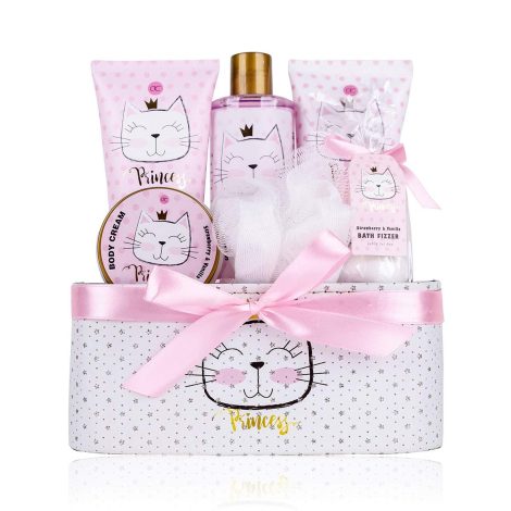 Coffret cadeau Princesse Kitty, ensemble cocooning  pour filles avec parfum doux de fraise et vanille, 7 pièces.