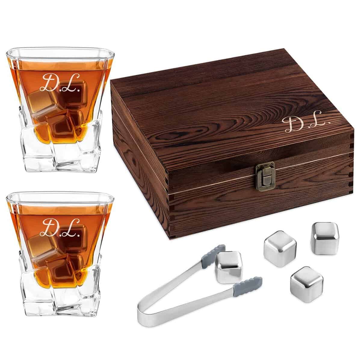 Maverton 8 Pierres à Refroidissement & 2 Verres gravés - Verres à Whisky 250 ML dans la boîte Personnalisée en Bois - Cadeau d'anniversaire pour Chaque Homme - Initials