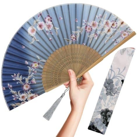 Éventail pliable pour femme OMyTea en soie de bambou, style chinois vintage japonais. Parfait pour flash chaud, église, danse, cadeau.