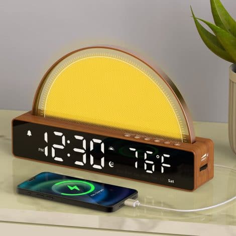 Lampe de réveil colorée avec simulation de lever du soleil, chargeur USB, idéale pour les gros dormeurs et les adolescents.