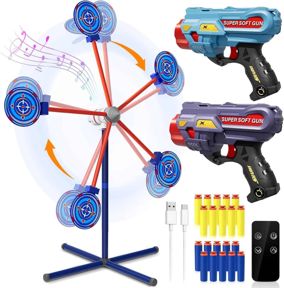 DX DA XIN Cible de Tir Rotation Jeux pour Enfants Comprend 2 Pistolets Jouets 20 Mousse Fléchettes Jouets de Jardin D'Extérieur Cadeaux pour Garçons 4 5 6 7 8 9 Ans