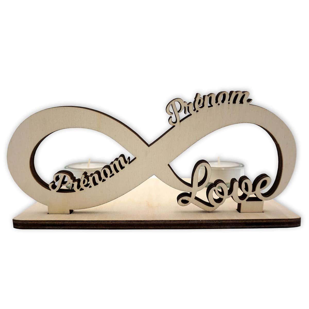 Porte-Bougie Infinity Love - Cadeau Romantique pour Couple - Personnalisé avec Les Deux Prénoms - Parfait pour la Saint-Valentin, Bois, Brun