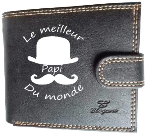 Porte-monnaie noir Syl’la Design, parfait pour la Fête des Grands-Pères, avec inscription “Meilleur Papi”.