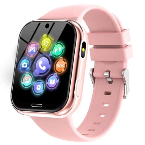 Montre intelligente pour enfants avec fonction d’appel SOS, jeux, musique, appareil photo, lampe de poche, réveil (rose).