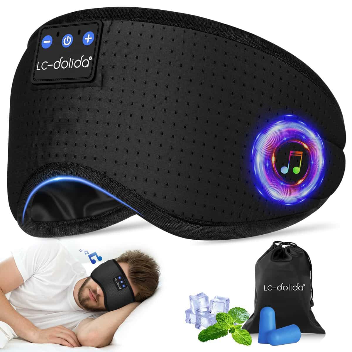 LC-dolida Masque de Nuit, Innovant Masque de Sommeil et Bouchons D'oreille Doux et Confortables Écouteurs Bluetooth pour Dormir, les Siestes, la Méditation, les Voyages,Cadeaux pour Homme Femme