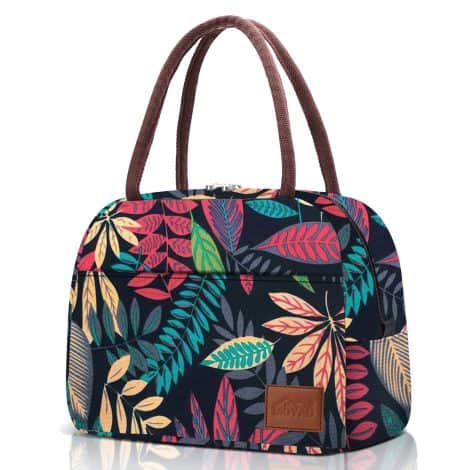 Sac à lunch réutilisable pour femmes, portable et isotherme avec motifs feuilles et rouge.