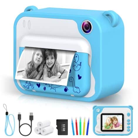 Appareil photo instantané pour enfants avec papier à imprimer, stylo pinceau et carte mémoire inclus.