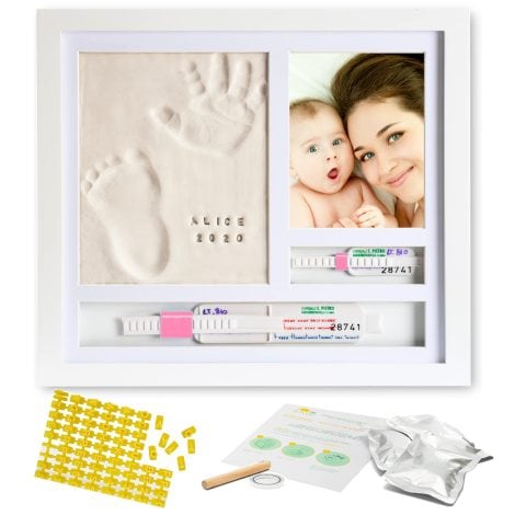 Cadre pour empreintes de bébé PITI COT | Kit d’empreintes de pieds et de mains avec lettres, chiffres et porte-bracelets | Cadeau pour jeune maman et bébé fille ou garçon.