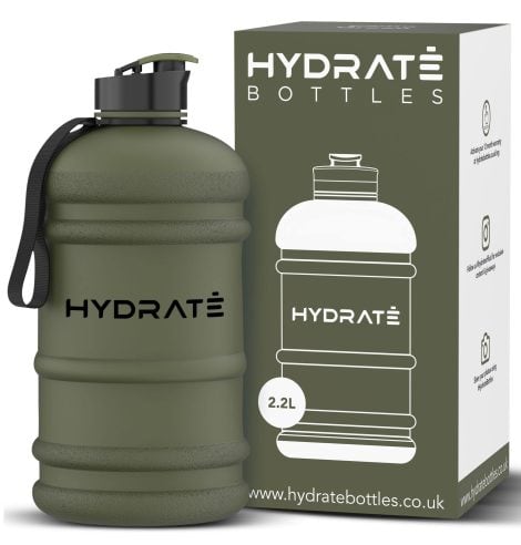 Bouteille de sport HYDRATE XL 2,2 L avec sangles de transport et bouchon pop-up, sans BPA. Idéale pour le sport, le yoga et les activités extérieures. (Camouflage mat)