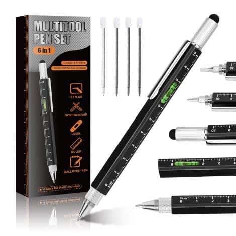 Stylo cadeau homme 6 en 1, accessoires stylés et pratiques, idéal pour anniversaire, mari, grand-père, ingénieur, bricoleur.