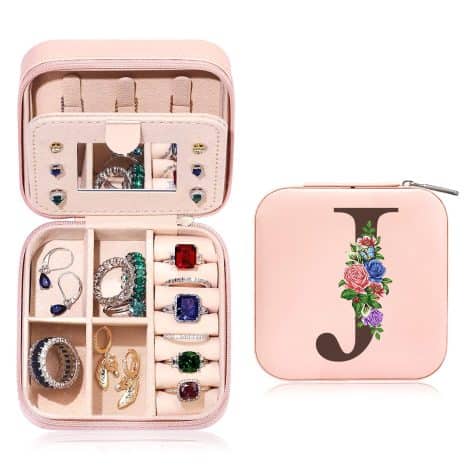 Boîte à Bijoux Personnalisée avec Initiales J, Pratique et Élégante pour les Voyages ou à la Maison, Cuir PU. Cadeau idéal pour Noël et Anniversaire.