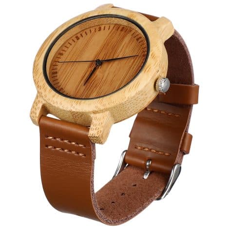 Montre masculine en cuir véritable et bois, faite main par PartyKindom, à mouvement quartz.