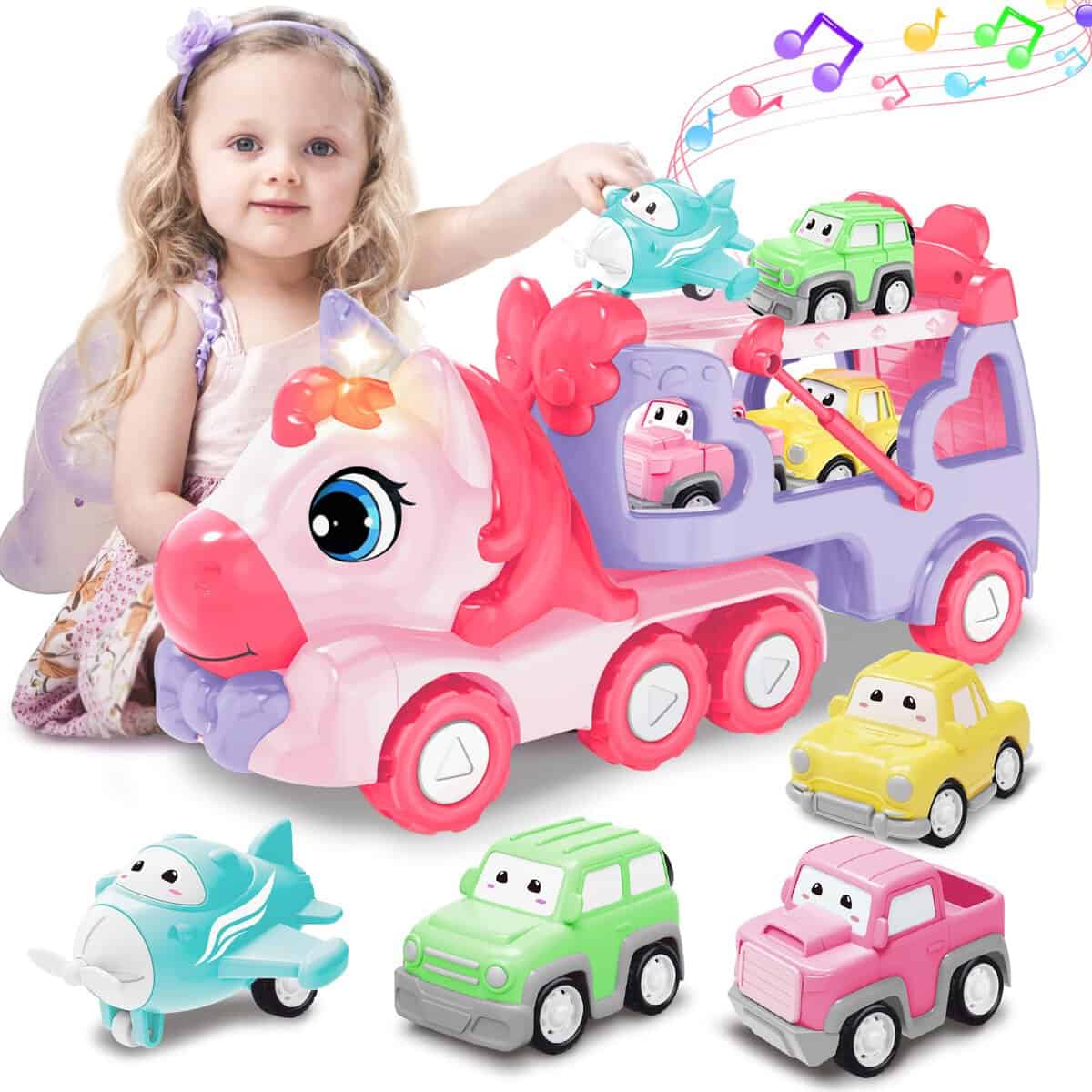 seveclotree Jouet de Camion, 5 PCS Transporteur Voiture Jouet avec Sons et Lumières,Jouet Fille 2 Ans,Camion Jouet Enfant 2 3 4 5 6 Ans Fille, Cadeau Anniversaire Enfant 2-6 Ans Garcon Filles…