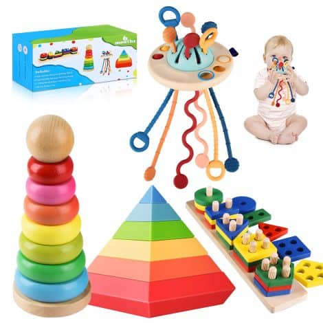 TIGERHU : Jouet Montessori évolutif pour bébé de 6 à 12 mois, en bois, empilable et silicone. Cadeau parfait pour garçon ou fille.