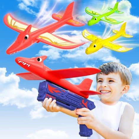 Avion en mousse Dinosaure, jeu de lancer avec pistolet catapulte, cadeau parfait pour garçons et filles de 4 à 12 ans.