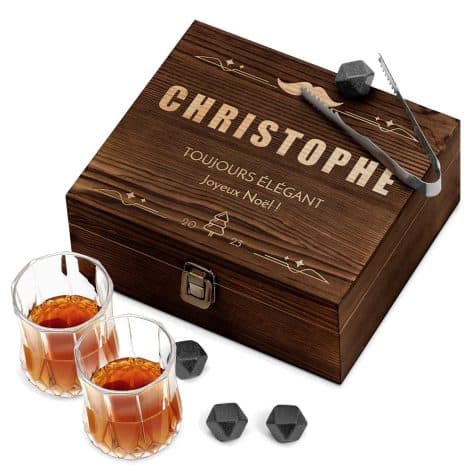 Maverton Coffret Whisky Pierres & 2 Verres – Cadeau Noël personnalisé avec gravure – Santé et bonne fête !