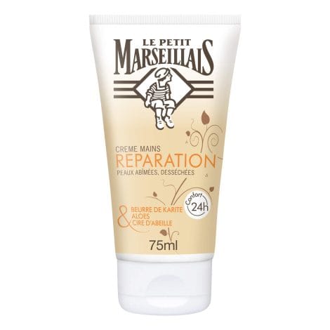 Crème réparatrice mains Le Petit Marseillais pour peaux abîmées et desséchées, avec karité, aloès et cire d’abeille, 75ml.