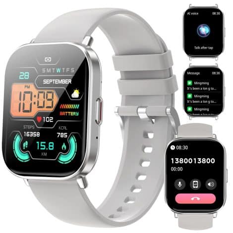 Montre intelligente Fitonus pour femmes et hommes, avec écran HD 2,01″, Bluetooth, podomètre, suivi du sommeil, 123 modes sportifs, imperméable IP68. Compatible avec Android et iOS. En argent.