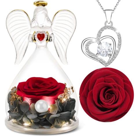 Yamonic Rose éternelle avec collier romantique, cadeau original pour femme, maman, ange en verre avec LED, idée cadeau pour anniversaire, Saint-Valentin, Noël. Rouge.