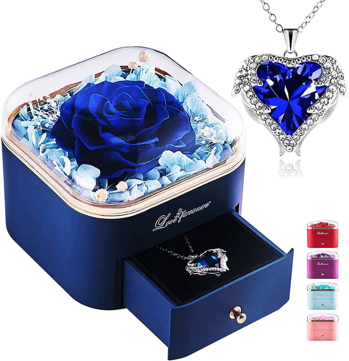 Rose Eternelle avec Collier, Préservée Rose Cadeau pour Femme, Préservée Fleur Boîte à Bijoux, Boîte de Roses Conservée, Anniversaire Saint Valentin Noël Fête des Mères Cadeau pour Maman Grand-Mère