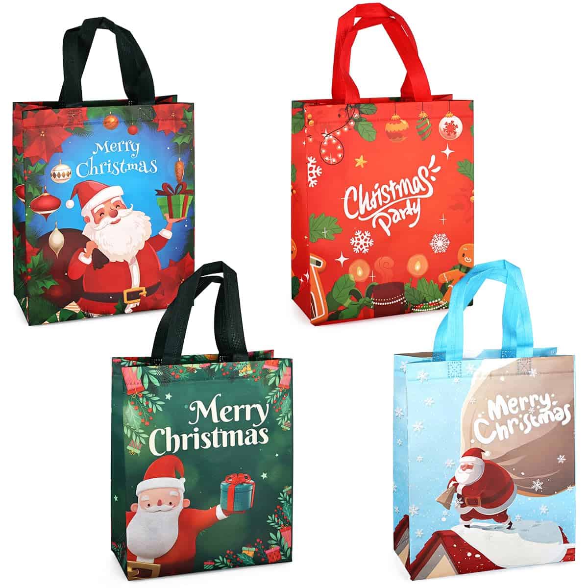 4 Sacs cadeaux de Noël, sacs fourre-tout de Noël avec poignées, sacs de friandises de Noël, sacs multifonctions en non-tissé pour emballer des cadeaux, du shopping, des accessoires de fête de Noël