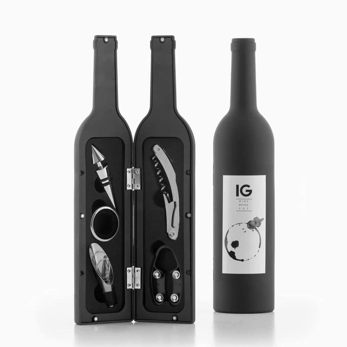 InnovaGoods, Coffret d'accessoires pour vin en Forme de Bouteille, Acier Inoxydable, Noir, 7 x 7 x 33 CM