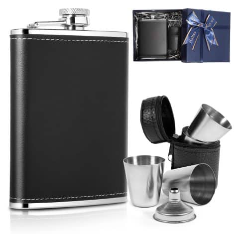 Coffret cadeau LILABIENE® : Flasque en acier inoxydable 236 ml avec 4 tasses et entonnoir, idéal pour homme, chasse, randonnée, anniversaire, fête des pères.