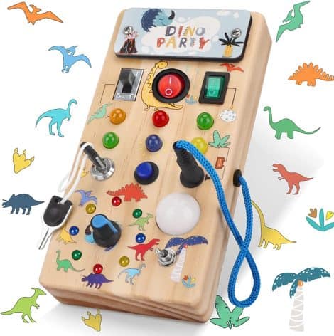 Tableau d’activités Montessori Dino avec lumière LED, jouets sensoriels et éducatifs pour les tout-petits de 1 an.