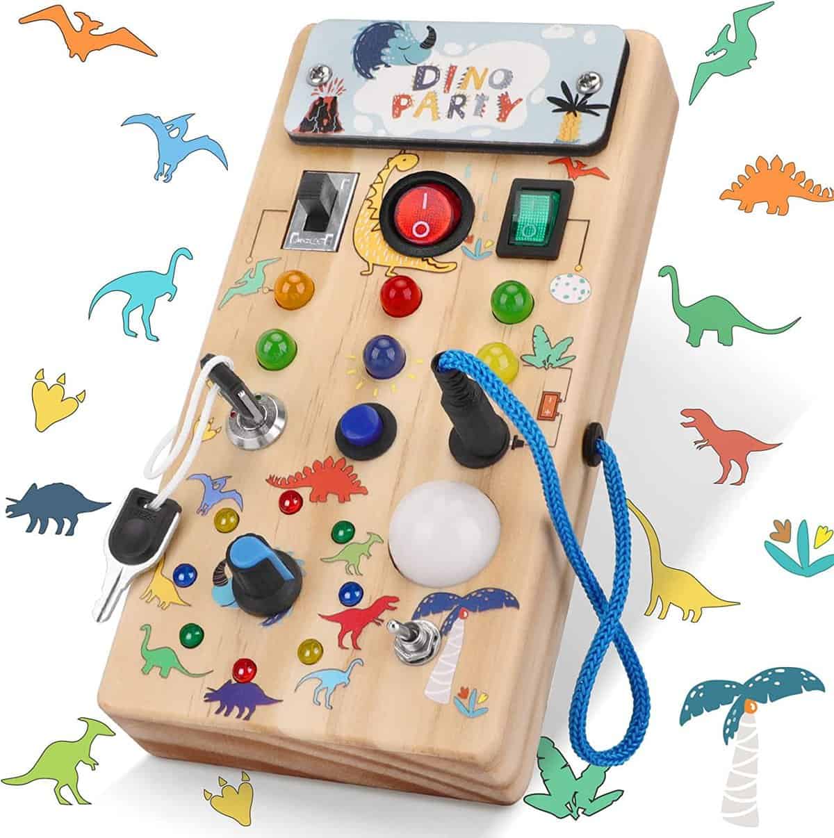 Busy Board d'activités Montessori avec lumière LED et design dinosaure Jouets Montessori Jouets sensoriels pour les tout-petits Activités éducatives Tableau sensoriel pour les enfants de 1 an