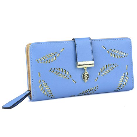 Porte-monnaie Bleu pour Femme avec Pendentif Feuille, 12 emplacements de Cartes et Organiseur zippé en Cuir PU