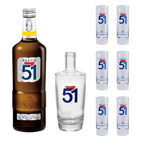 Pack Apéritif anisé, le Pastis de Marseille PASTIS 51 avec 6 verres et 1 Carafe – 45%, 70cl.