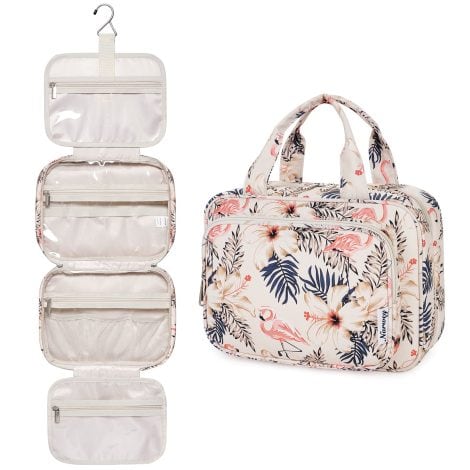 Trousse de voyage suspendue à motif flamant pour femmes, avec rangement pour maquillage et accessoires.