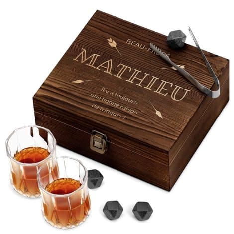 Ensemble de Pierres à Whisky Maverton et 2 Verres dans une boîte personnalisée – Cadeau d’Anniversaire pour Homme – Coffret de Pierres et Verres.