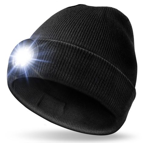 Idée de cadeau original pour homme, idéal pour Noël : Bonnet lampe frontale LED rechargeable avec différentes luminosités. Parfait cadeau d’anniversaire pour homme, femme et papa.