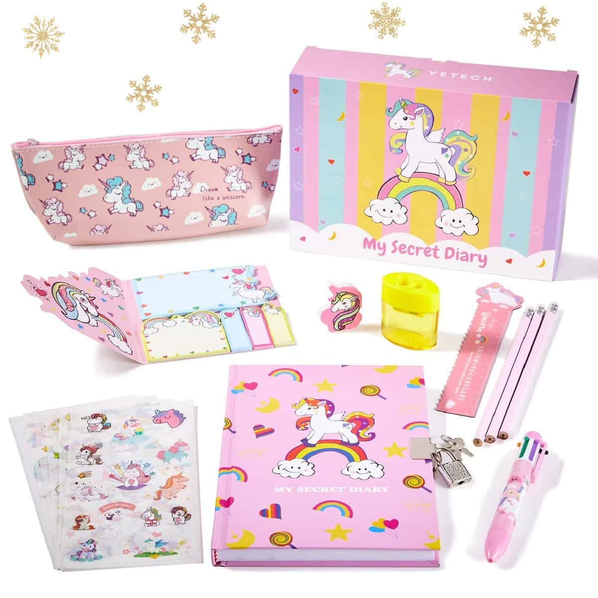 Yetech Ensemble de Papeterie Licorne - Bloc-Notes verrouillable Licorne, Crayons,Autocollants, règle, Notes de bâton, Taille-Crayon, Gomme, Cadeaux de Licorne pour Les Filles de 4-11 Ans