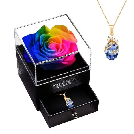 Rose Éternelle MINCHEDA avec collier, boîte à bijoux et cadeaux pour Maman, Femme, Épouse – Noël/Fête des Mères/Saint-Valentin/Anniversaire de Mariage.