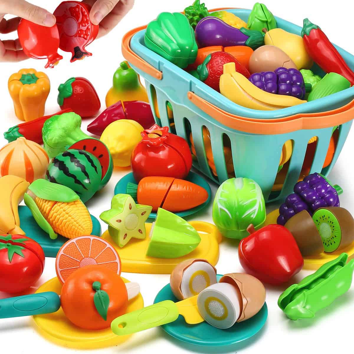 35 Pièces Jouets de Cuisine, Dinette de Cuisine avec Panier de Rangement, Plat et Couteau en Plastique, Fruits et Légumes à Couper Jeu D'imitation Jouet Éducatif pour Tout-Petits Enfants Cadeau