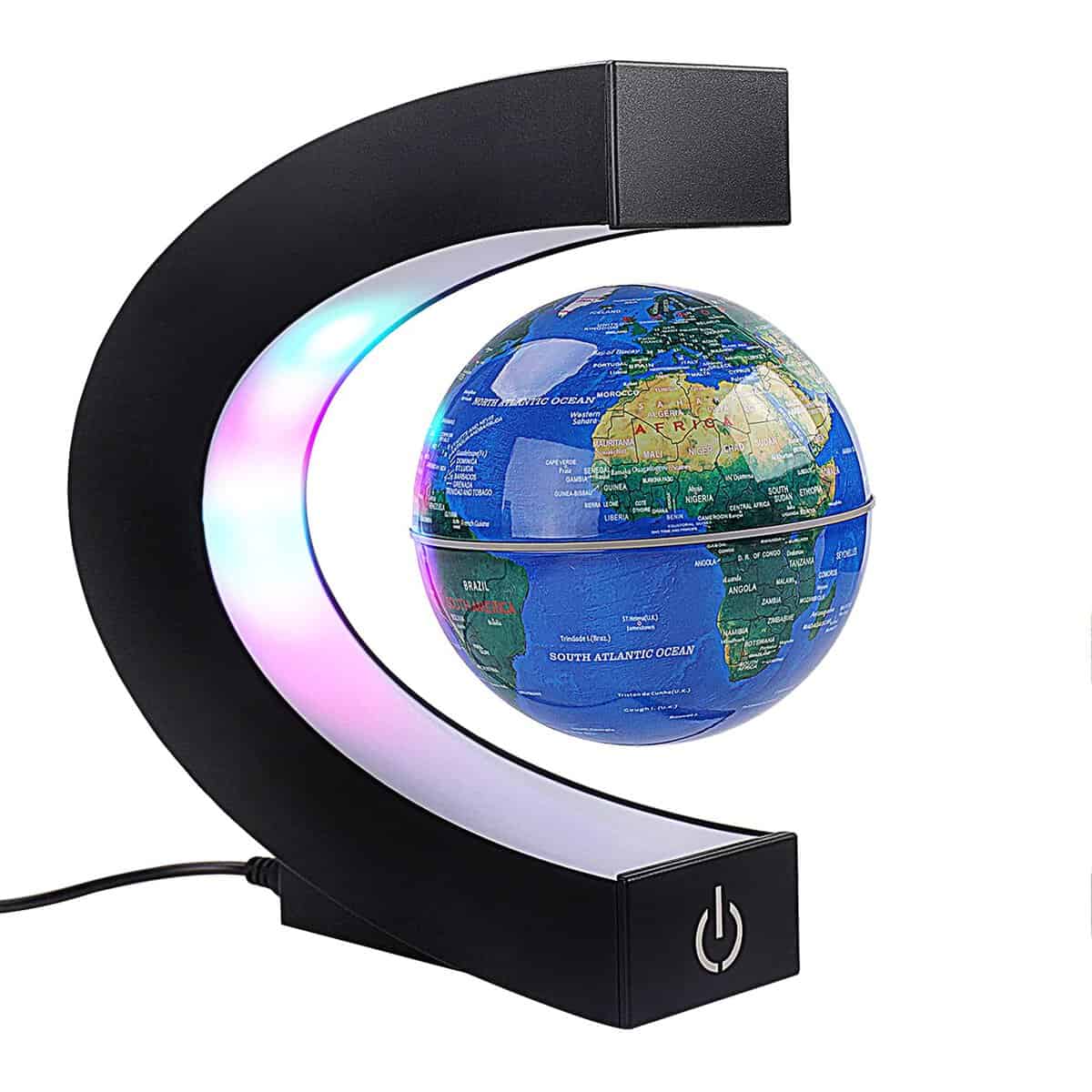 Globe terrestre flottant avec LED colorées en forme de C, bande magnétique anti-gravité, carte du monde rotative pour enfants, cadeau pour la maison, décoration de bureau (avec interrupteur, bleu)