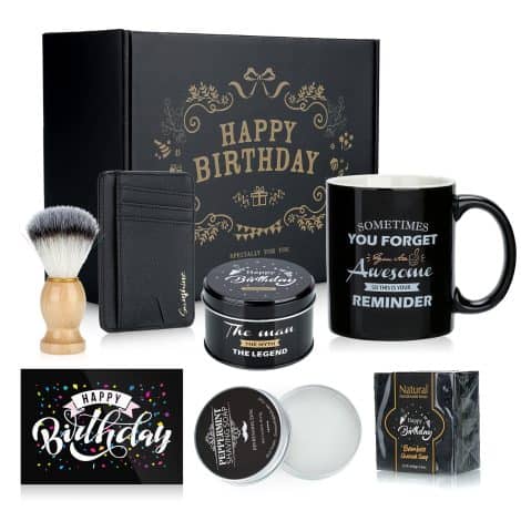 Ensemble de cadeaux d’anniversaire pour homme comprenant 8 pièces, parfait pour papa, grand-père, mari ou petit ami. La boîte cadeau inclut une tasse à café.