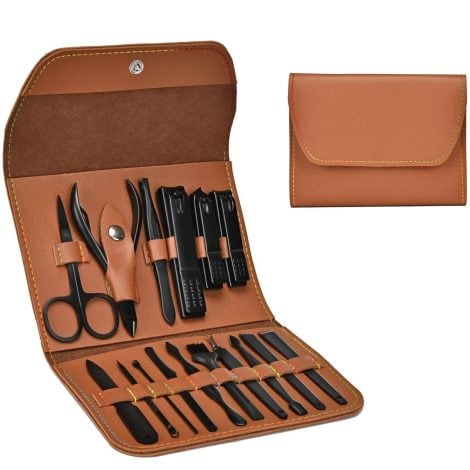 Kit de manucure complet incluant 16 pièces et un étui en cuir synthétique, idéal comme cadeau unisexe pour différentes occasions. (Anniversaire, Noël, anniversaire de mariage, mariage)