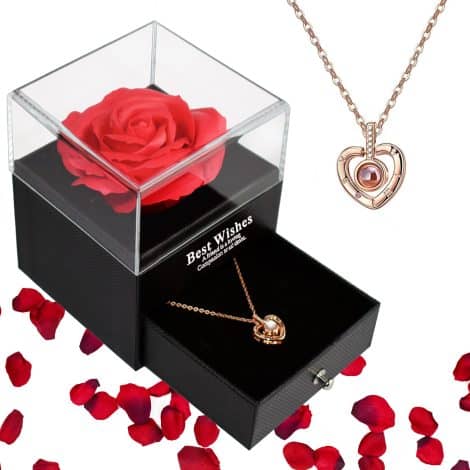 Rose Éternelle – Coffret-cadeau pour femme avec une rose préservée, collier “Je t’aime” et boîte. Idéal pour Noël, anniversaire, mariage, Saint-Valentin ou Fête des Mères.