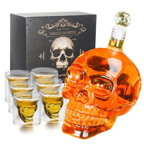 Coffret complet de verres à whisky avec bouteille tête de mort en cristal et 6 verres (550 ml/75 ml). Idéal pour offrir aux hommes.