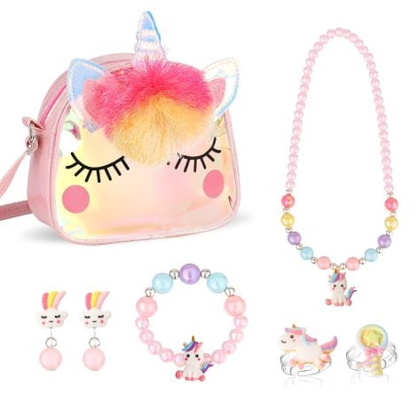 Ensemble de bijoux pour enfants avec licornes : sac à main, collier, bracelet, boucles d’oreilles et bagues. Idéal pour un cadeau d’anniversaire !