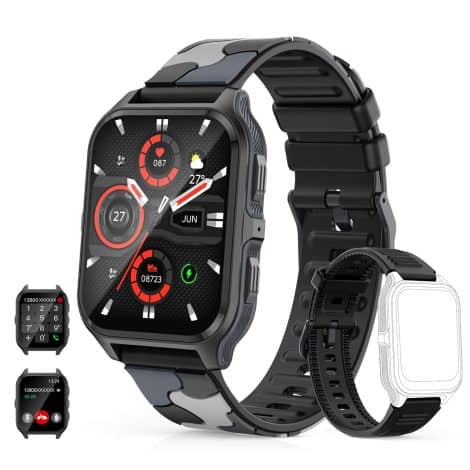 Montre intelligente sportive MIGOUFIT pour homme et femme avec appels Bluetooth, assistant vocal, podomètre, musique, fréquence cardiaque. Compatible Android et iOS.